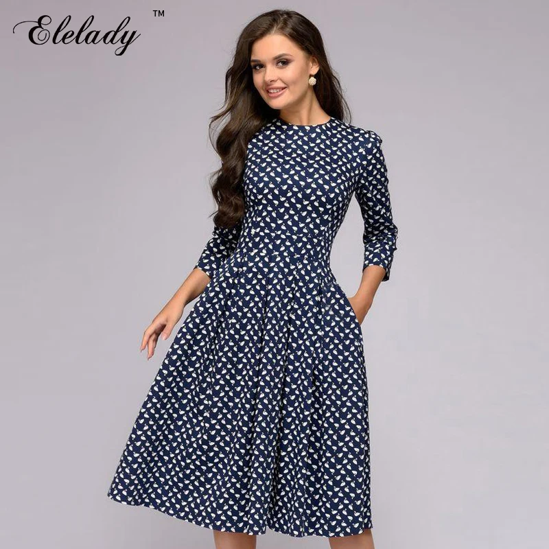 Elelady Весенняя мода Лебедь Печати Женское платье элегантный 3/4 рукавом Slim вечерние