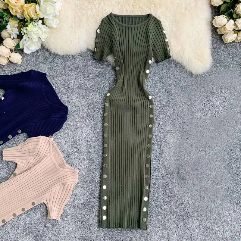 MVGIRLRU однотонное облегающее платье с круглым воротником и коротким рукавом для женщин, с боковыми пуговицами, Облегающее вязаное платье