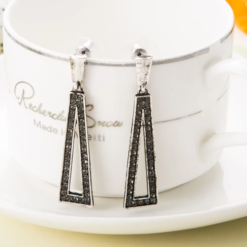 Fashion Anti-silver Plated Drop Earrings For Women Classic Wedding Jewelry Grey Crystal Inlaid Triangle Statement Aretes Mujer | Украшения