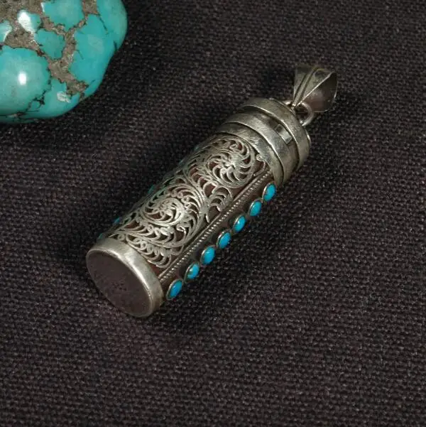 

Handmade Nepalese 925 Silver Turquoise Tibetan Six Words Gau Pendant Necklace Sterling Buddhist Prayer Box Pendant Necklace