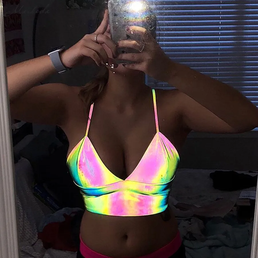 

Macheda Fashion Colorful Reflective Deep V Neck Camis Women Bright Sports Casual Slim Tanks Harajuku Bra Tops 2019 New