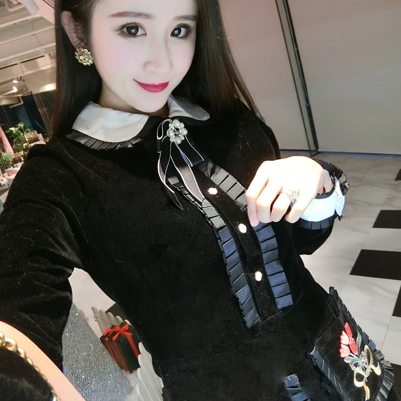 New 2018 Women Dress Designer Runway Black Velvet Embroidery Floral Long Sleeve Vintage Beading Bow Peter Pan Collar Party | Женская