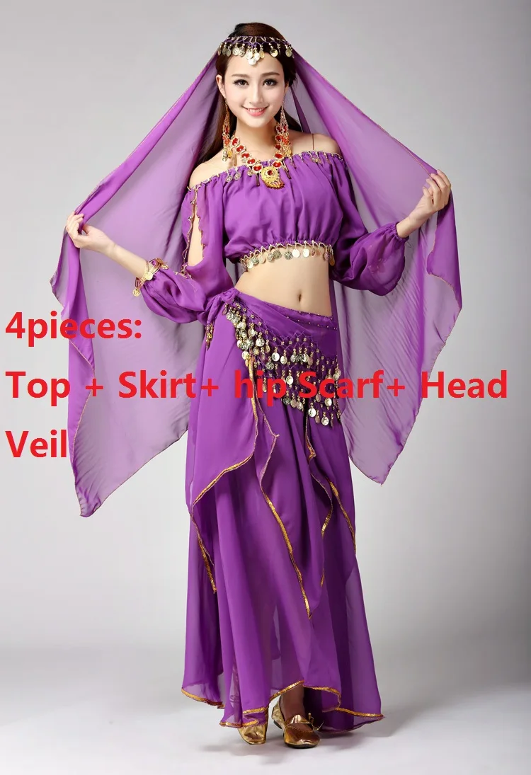 purple4pcs Болливуд танцевальный костюм s женский набор костюма для танца живота размера плюс хип шарф Блестки Пояс бюстгальтер Топ Профессиональный платья Танец живота - Цвет: purple4pcs