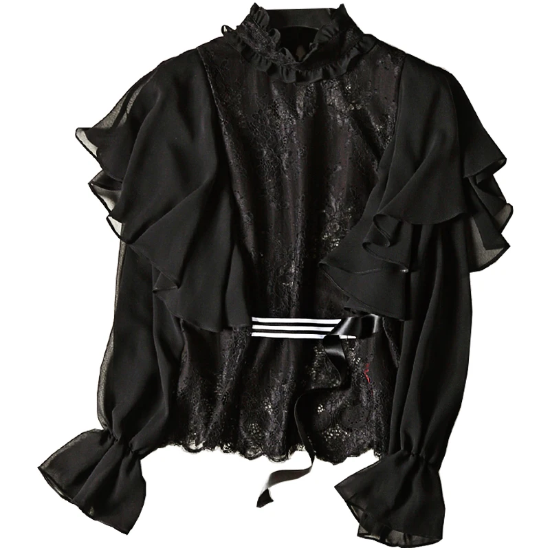 Sexy Perspective Falbala Ladies Blouse Lace Patchwork Ruffled Lantern Sleeve Pure Color Women C594 | Женская одежда