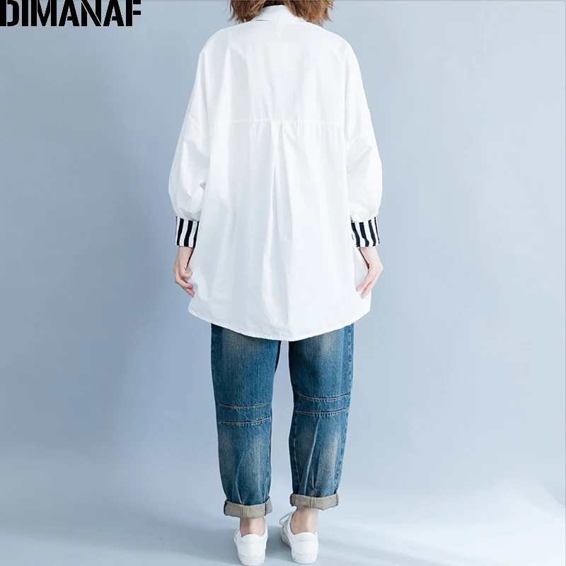 DIMANAF, женская блузка, рубашка, Женские базовые Топы, одежда из хлопка, с принтом, в полоску, из кусков, повседневная, свободная, размера плюс, кардиган, осень