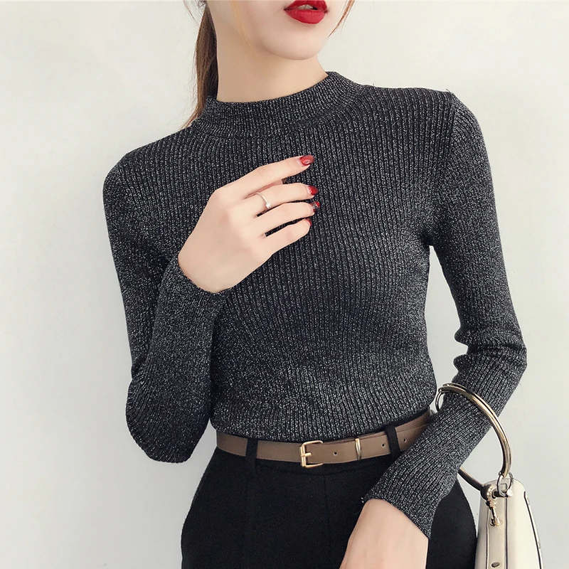 shintimes Long Sleeve Sweater Women Shiny Autumn Winter Pullover Korean Style Knitted Turtleneck Woman Basic Sweaters 2019 Femme | Женская