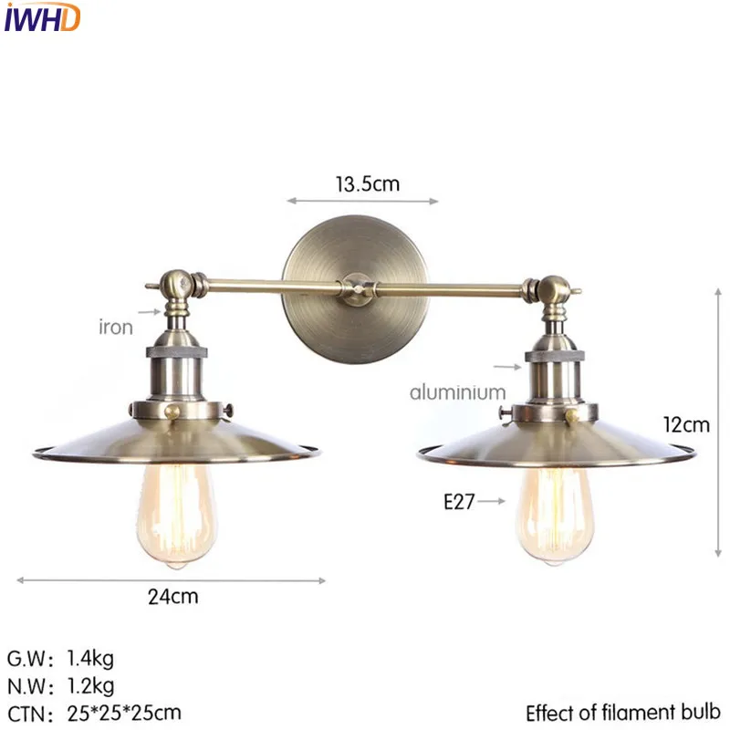 IWHD 2 Heads Brass Retro LED Wall Light Fixures Bedroom Living Room Industrial Vintage Edison Sconce Lampara Pared | Лампы и освещение