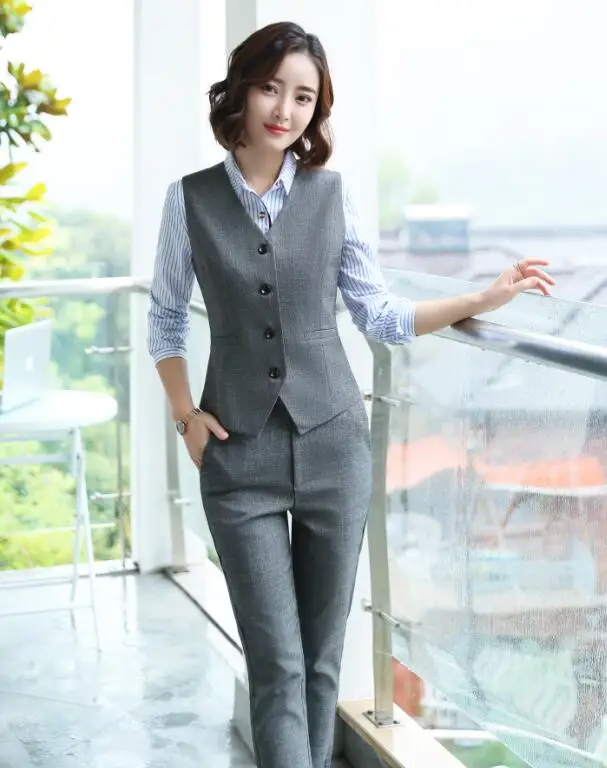 Gray vest and pants Новая мода деловой Тонкий серый клетчатый женский жилет OL Тонкий v-образный вырез формальный офисный женский жилет пальто размера плюс Рабочая одежда Униформа - Цвет: Gray vest and pants