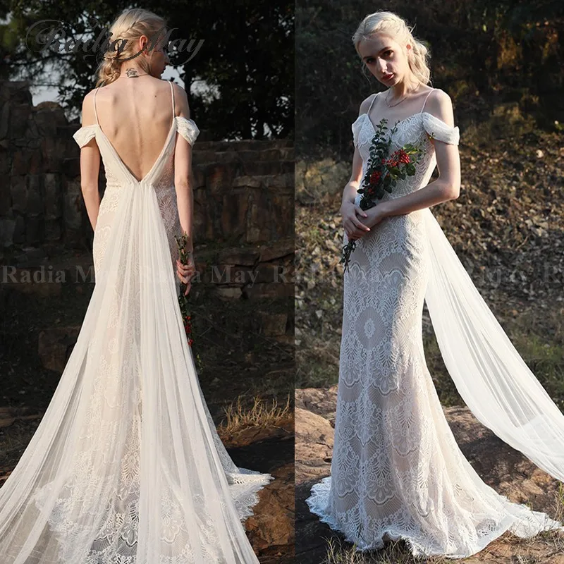 Пикантные с открытыми плечами Винтаж Кружева Русалка Boho пляжные свадебное платье с ремешками суд Поезд ню Country Garden подвенечные свадебные платья
