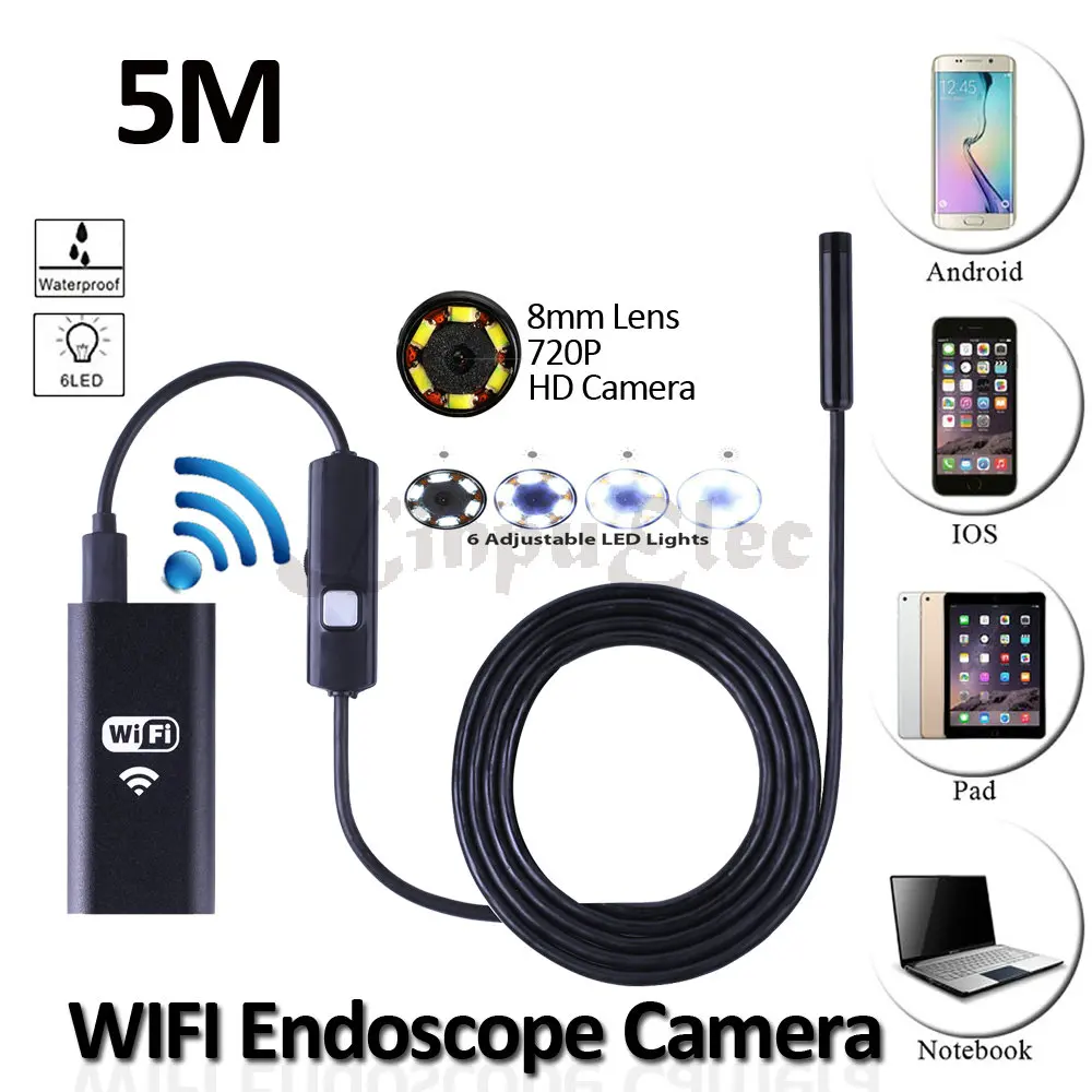 8 мм объектив iPhone WI-FI Android USB эндоскопа Камера HD720P 5 м гибкий змея инспекции