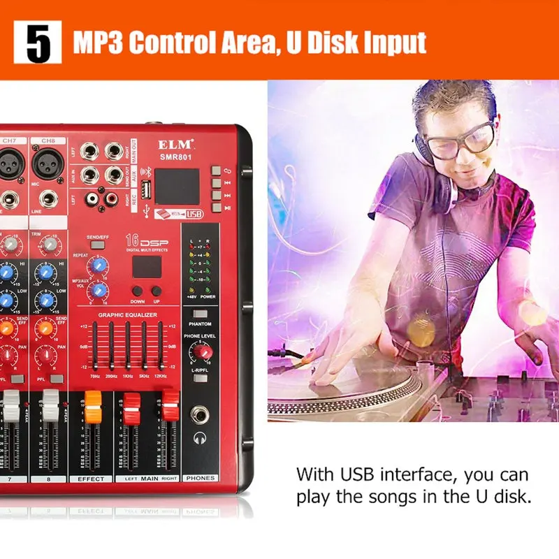 LEORY Профессиональный bluetooth DJ Аудио Звук микшерный пульт 8 каналов цифровой звуковой микшер для Концерт диджея Аудио пост-обработка