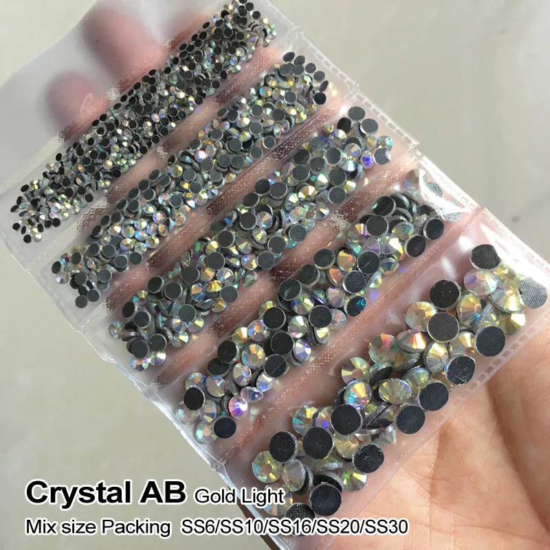 CrystalAB Gold light Новая упаковка, смешанный размер, стразы, кристалл AB 1200 шт./лот, стразы для горячей фиксации, для изготовления сумок, одежды, обуви - Цвет: CrystalAB Gold light