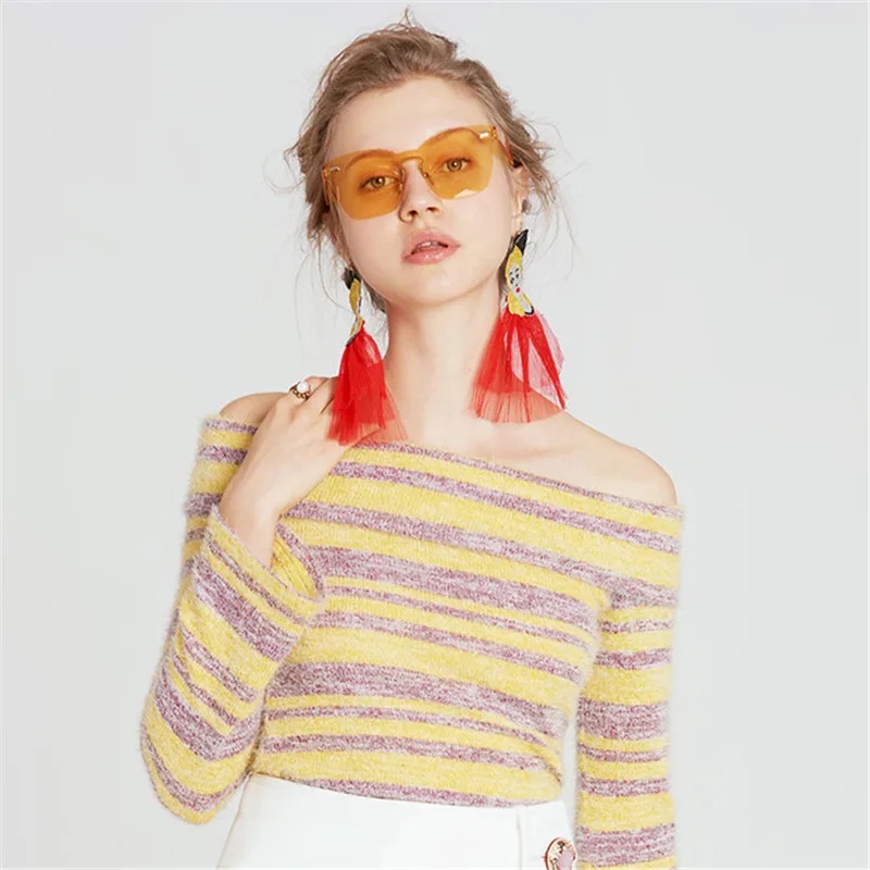 

Женский свитер в желтую и фиолетовую полоску, элегантный пуловер с вырезом лодочкой, Лидер продаж