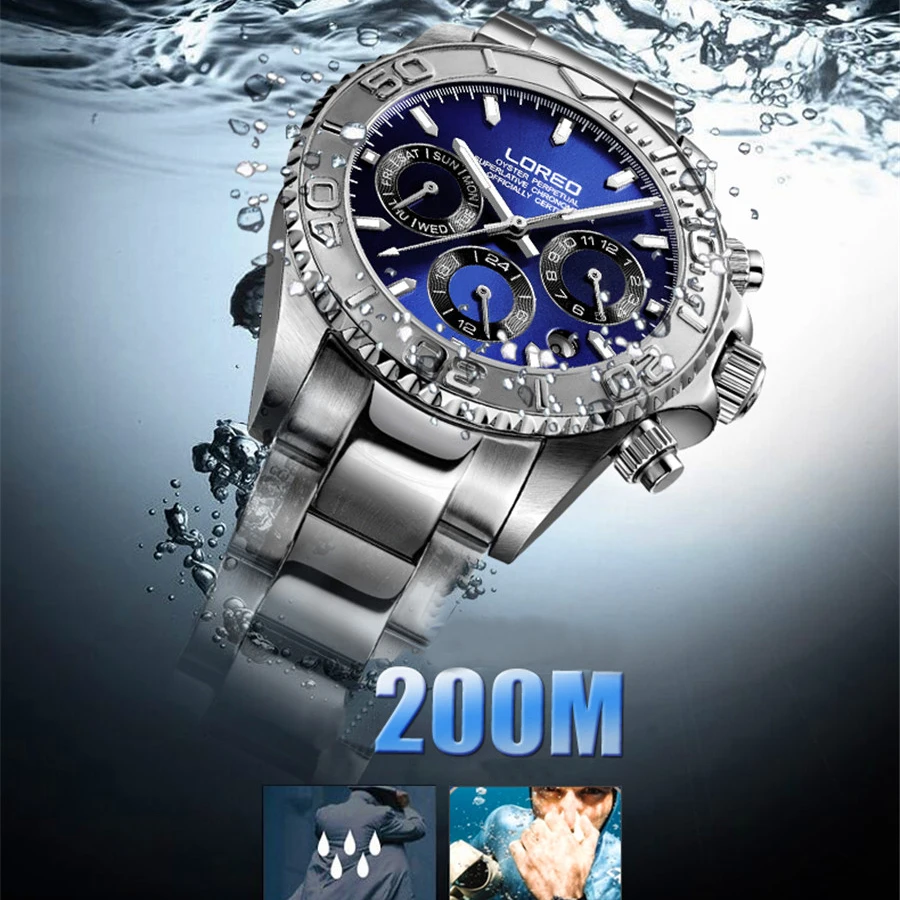 Часы мужские механические водонепроницаемые из нержавеющей стали 316L 200 м |