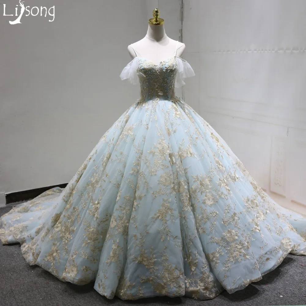 

Gold Embroidery Appliques Sky Blue Evening Ball Gowns Puffy Women Formal Gown Amazing Royal Bridal Evening Dress Custom Made