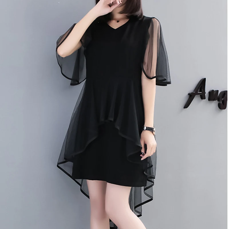 Женское облегающее платье с V образным вырезом черное Сетчатое коротким рукавом