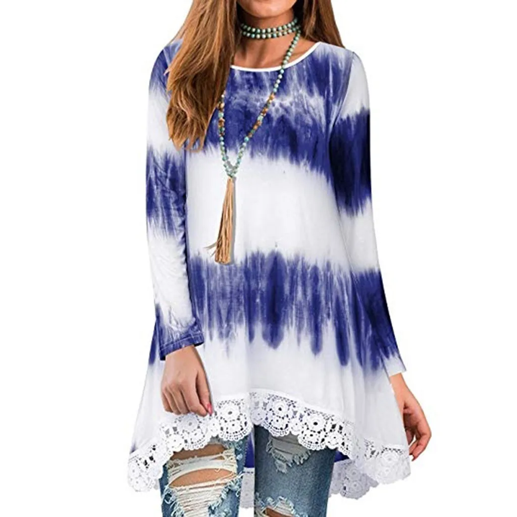 Tie dye рубашка женская с кружевным подолом свободная туника с длинным рукавом Топы Женская футболка Повседневная Женская футболка с длинным рукавом Camiseta Feminina Новинка