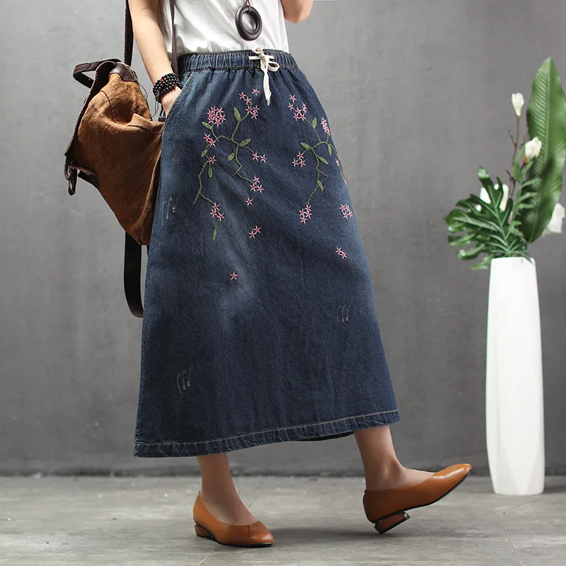 Summer national style retro embroidery powdered washed women denim skirt female elastic waist large size skirts long girl | Женская