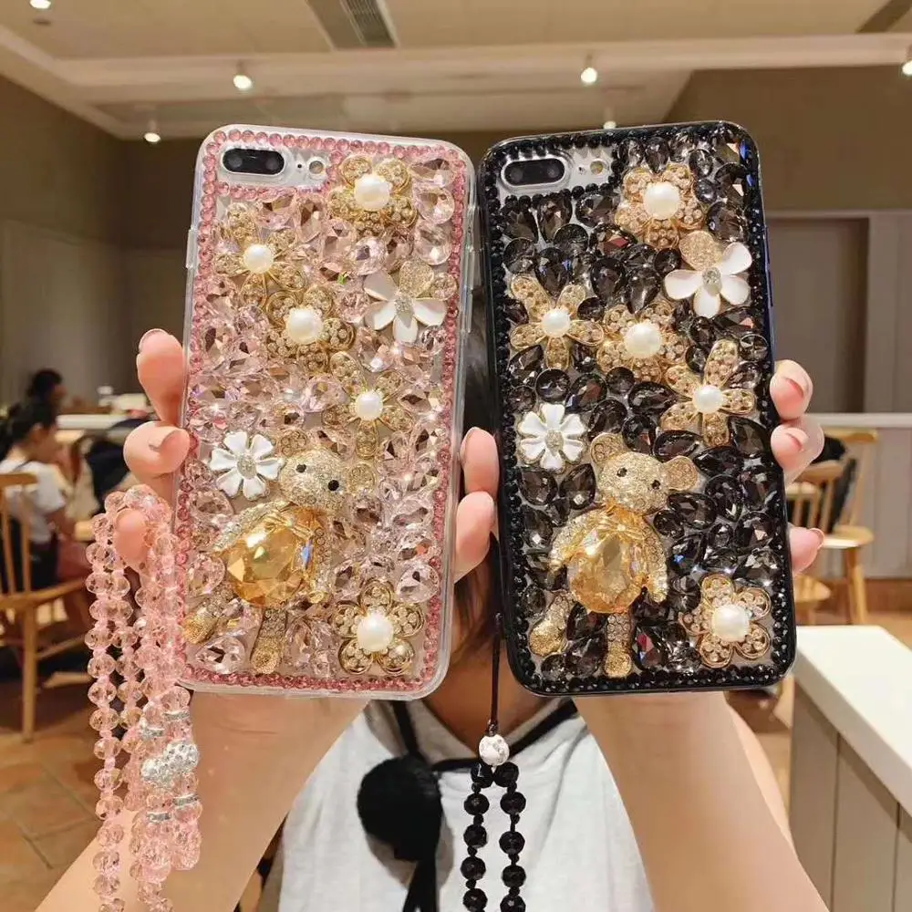 Блестящий милый чехол для телефона с 3D стразами и кристаллами Iphone 6 7 8 Plus XS XR MAX Samsung