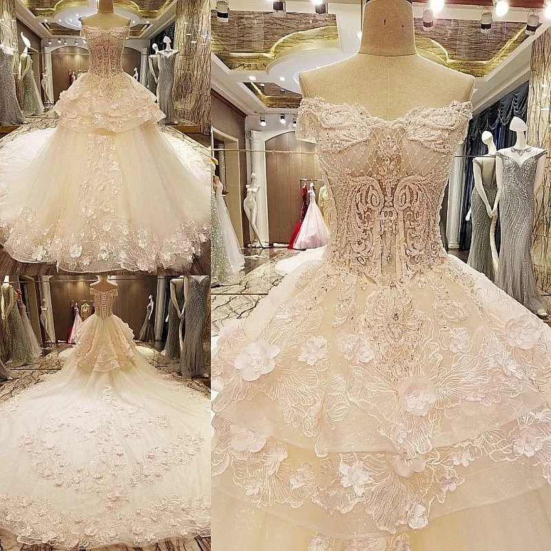 LS8543 Королевское свадебное платье бальное с объемными цветами кружевное Милое