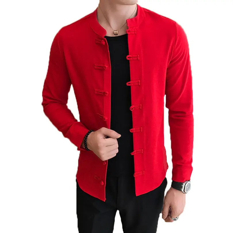 Chinese Collar Shirt Men Mandarin Collar Cotton Solid Long Sleeve Slim Fit Casual White Tang Suit Kung Fu Linen Shirt Men