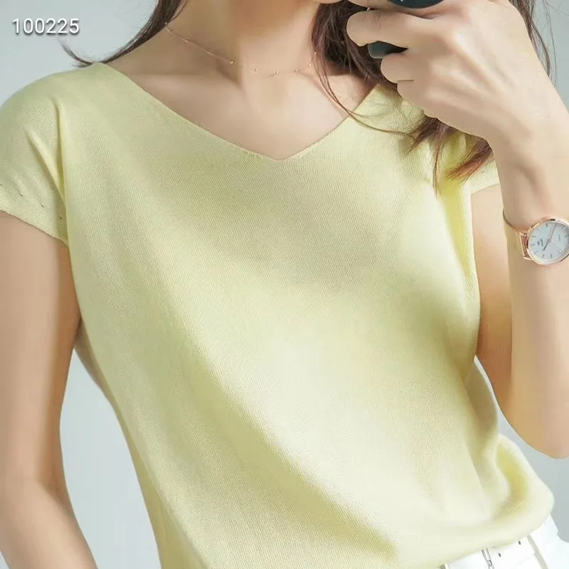Bright yellow Lafarvie/Новинка; летний пуловер с короткими рукавами и двойным v-образным вырезом; тонкий вязаный свитер для женщин; Повседневная Мягкая разноцветная S-L - Цвет: Bright yellow