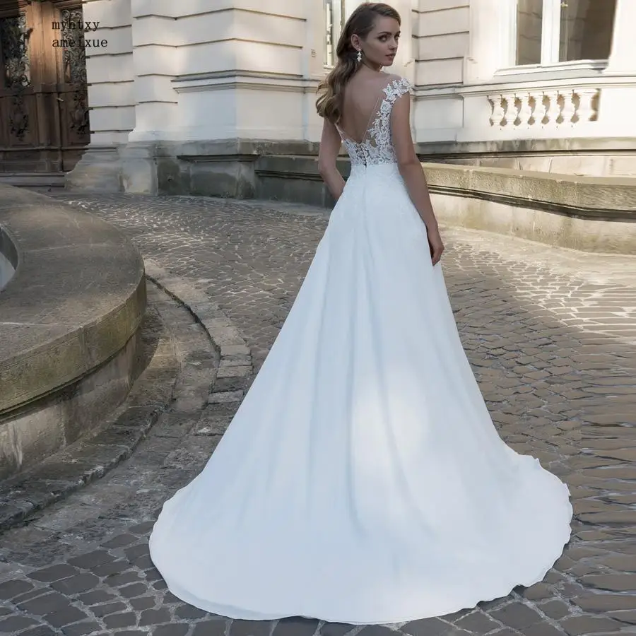 

Cheap Scoop Chiffon Wedding Dresses 2020 Cap Sleeve Lace Applique Beach Boho Wedding Dress Boda Robe De Mariee Custom Plus Size