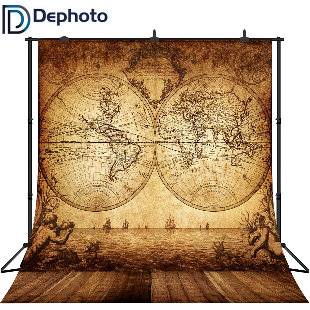 Dephoto фотография Фон карта мира ретро классический деревянный пол причудливый