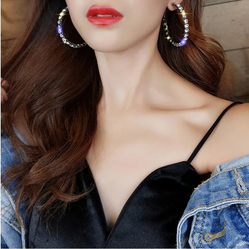 

Bright Black Luxury Crystal Big Hoop Earrings for Women Shiny Crystal Big Circle Earrings Wedding Party Earings Fashion Jewelry