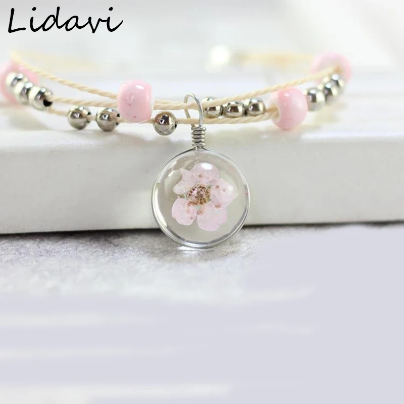 Стеклянный браслет Lidavi плетеный с цветком на удачу ручной работы высушенными