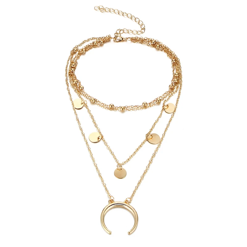 Gold Color Choker Necklace For Women Long Moon Pendant Chain Necklaces &amp Pendants Beaded Metal Chokers Popular Jewelry VP526 | Украшения