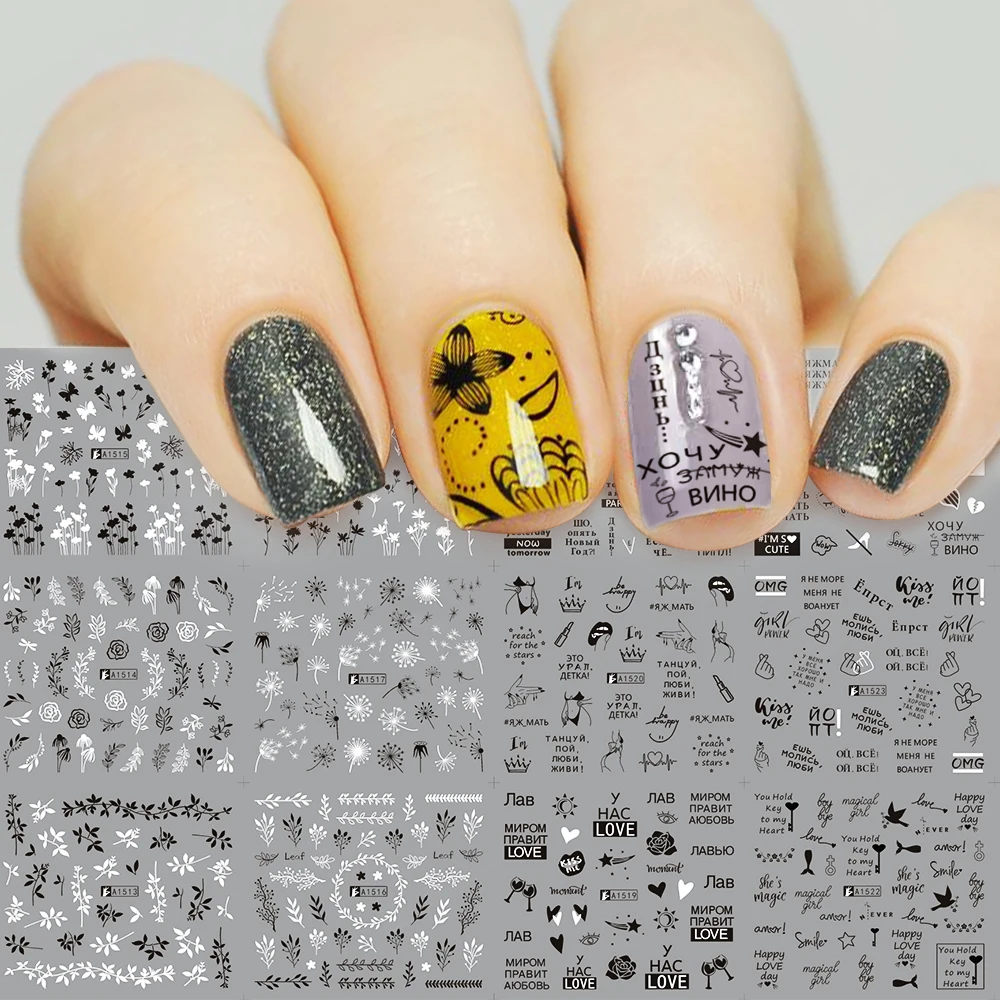 Nail Stickers Letters Black White Water Transfer Nail Art Decal Mix Russian Design Flower Manicure Wraps Foils Set SAA1513-1524