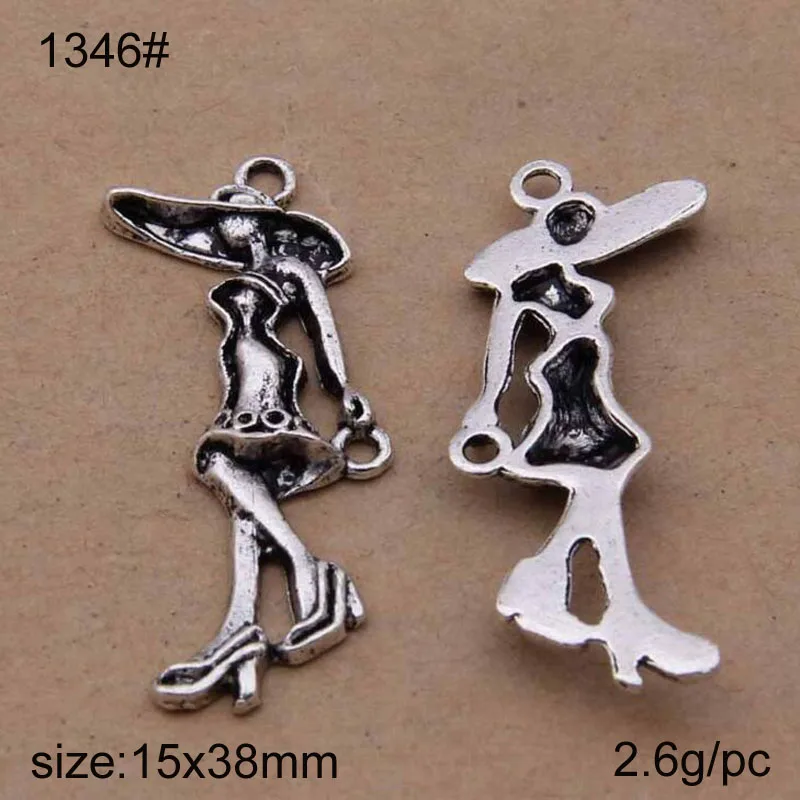 

Newest 25 Pieces/Lot 15x38mm Antique Silver Plated Alloy Lady Charm For Jewelry Making