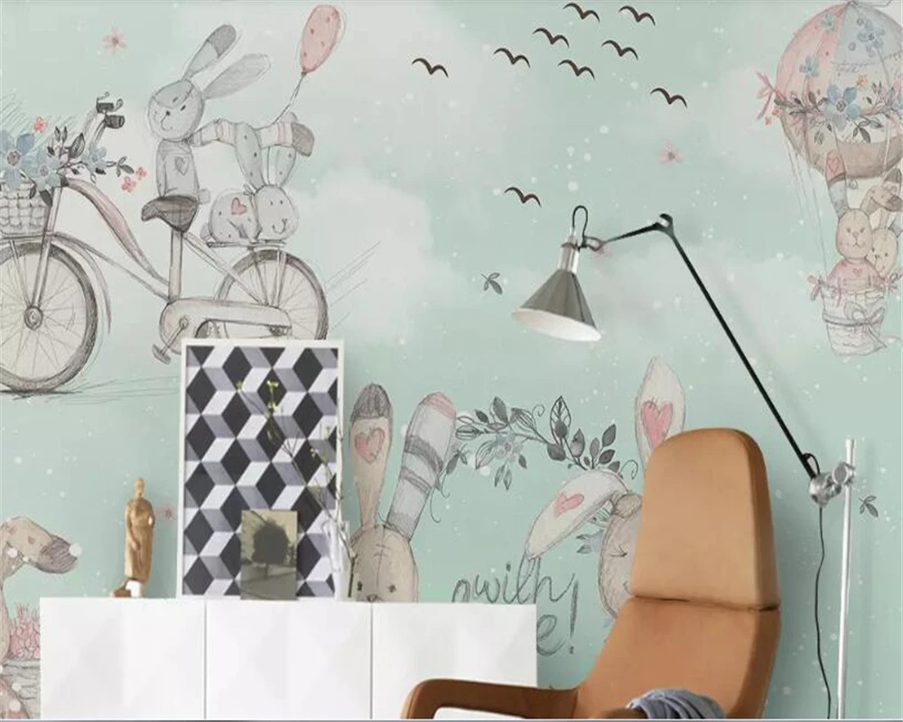 beibehang wall paper for kids room Hot Air Balloon Abstract Bunny Hand Drawn Snowflake Cartoon Background papel de parede 3d |