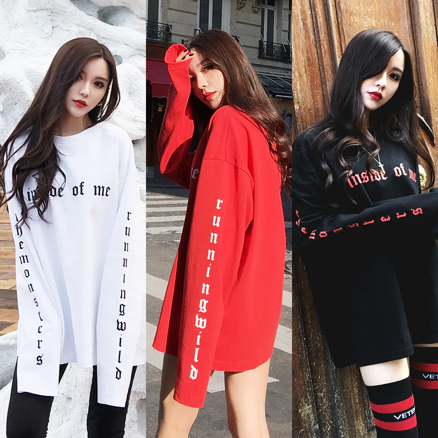 2018 Осень Harajuku футболка для Для женщин образным вырезом с длинным рукавом
