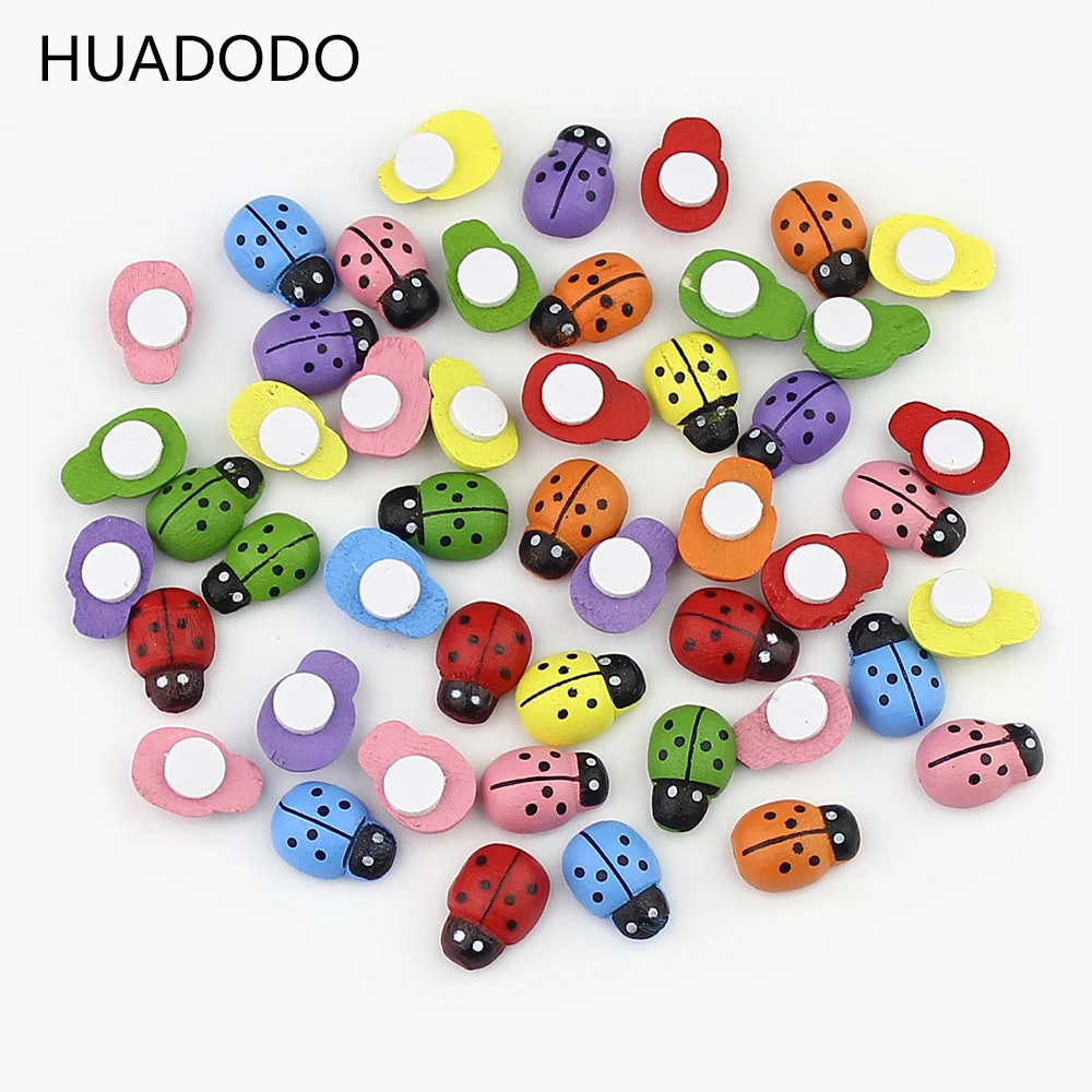 HUADODO, 100 шт./лот, цветная деревянная божья коровка, божья коровка, самоклеющиеся наклейки, сделай сам, скрапбукинг, украшения для дома, вечерние