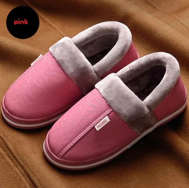 pink Зимние домашние тапочки; женская кожаная плюшевая обувь на меху; водонепроницаемые Нескользящие теплые меховые тапочки; нескользящая Хлопковая женская домашняя обувь - Цвет: pink