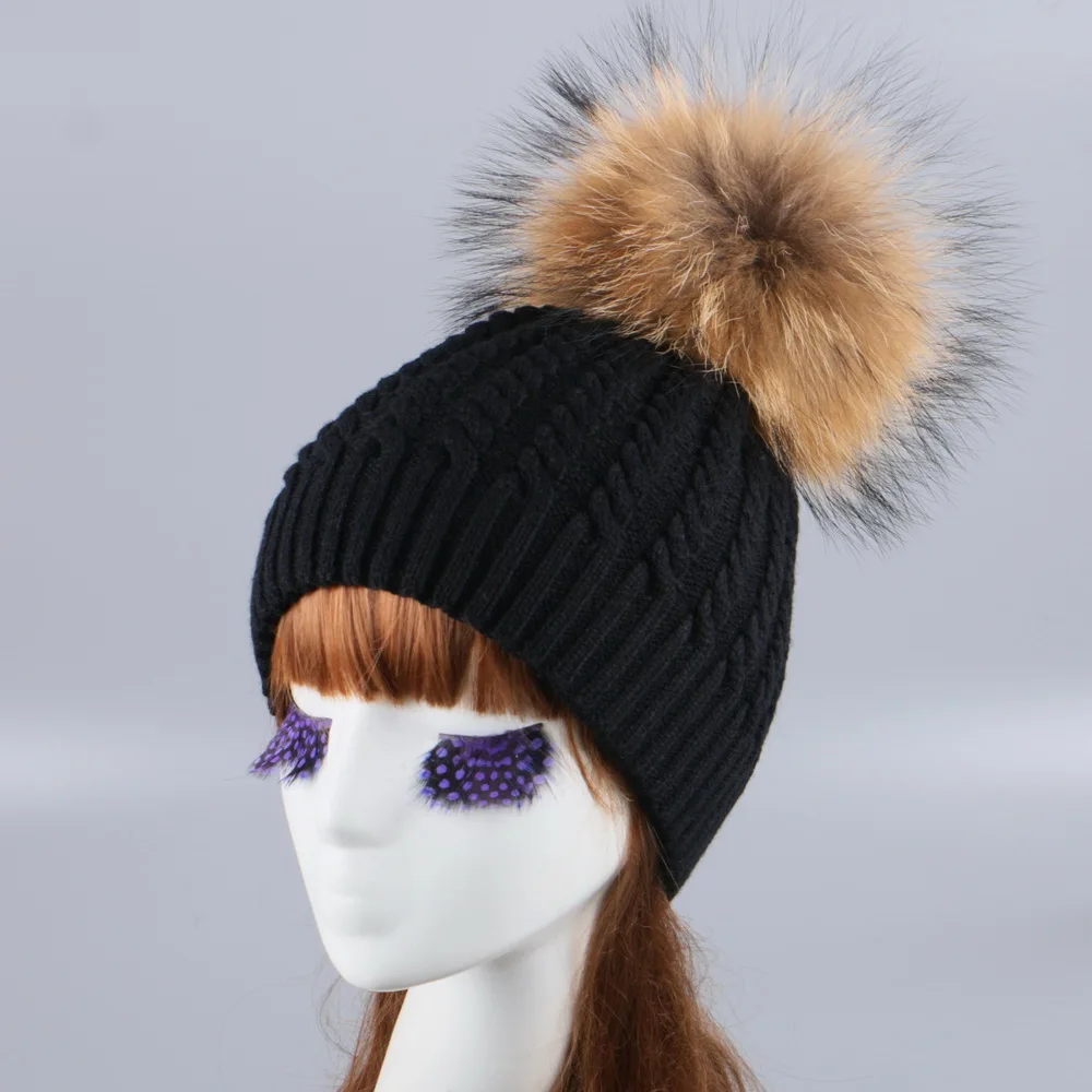Женская брендовая вязаная зимняя шапка настоящая норка лиса помпон шар