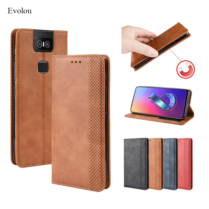 Кожаный чехол книжка с магнитной застежкой в стиле ретро для Asus Zenfone 6 ZS630KL