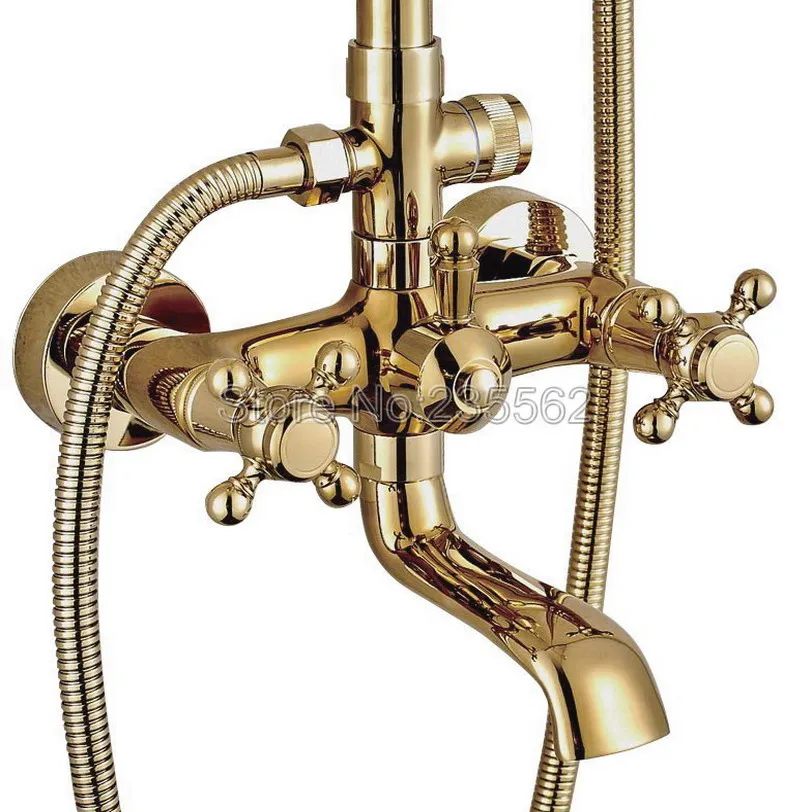 Modern Gold Color Brass Rain Shower Faucet Set Dual Handle Tub Mixer Tap With Hand lgf396 | Обустройство дома