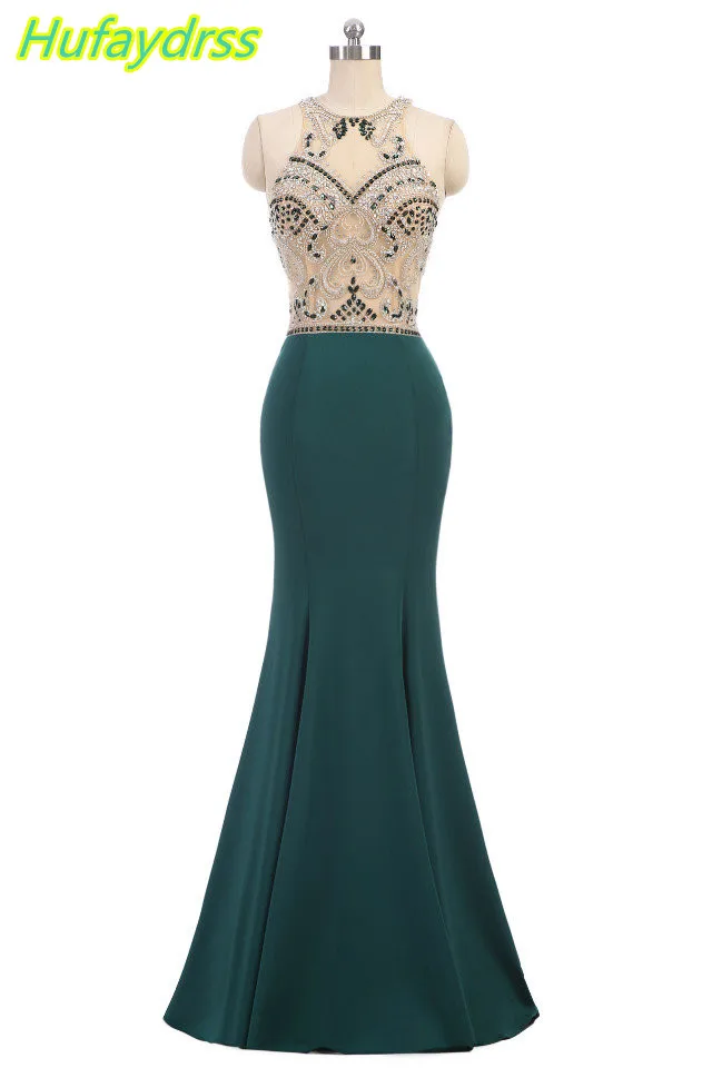 Вечерние платья Длинные 2018 темно-зеленый Бусины Кристалл Иллюзия Русалка Vestido De