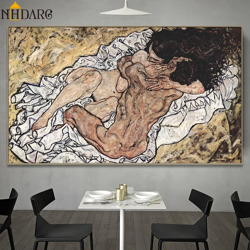 Картина для художника Egon Schiele с обнаженными обнимками на холсте принтом постер