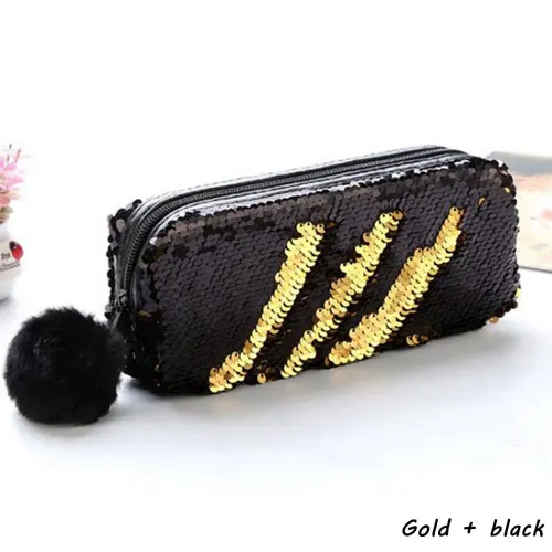 Black and Gold Блестящий чехол-карандаш с блестками для девочек, школьные принадлежности, Большой Вместительный чехол-карандаш с помпоном, школьные канцелярские принадлежности, Подарочный чехол-карандаш - Цвет: Black and Gold