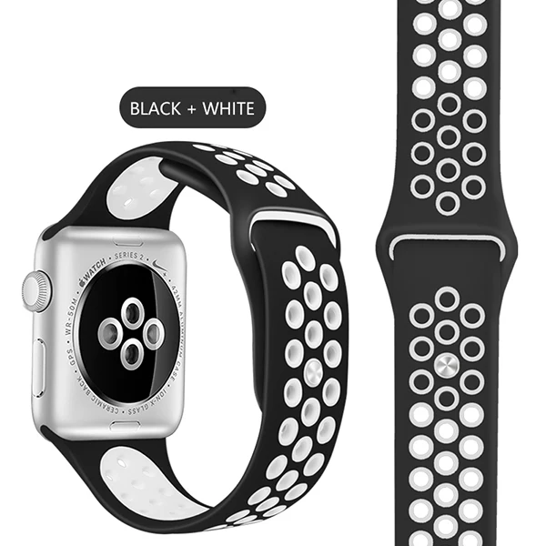 Black White Эластичный дышащий Силикон Спортивный ремешок для Apple Watch 5 4 3 2 1 42 мм 38 мм резиновые ремешки для Nike+ Iwatch 4 3 40 мм 44 мм - Цвет ремешка: Black White
