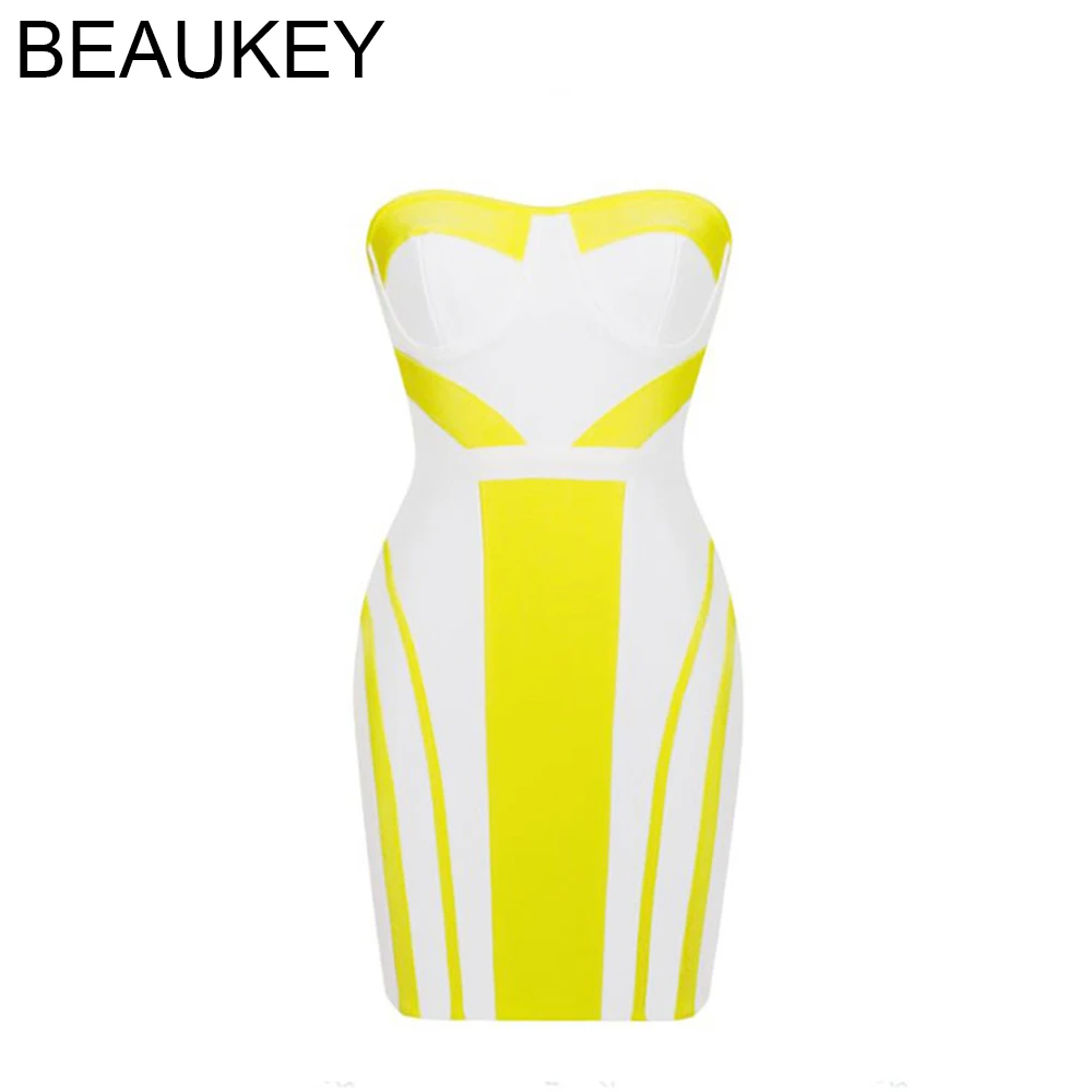 BEAUKEY Новинка лета 2018 без бретелек желтое белое геометрическое мини-платье