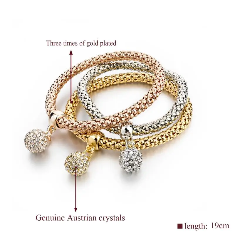 3Pcs Elastic Chain Gold Bracelets For Women 2019 Fashion Jewellery Crystal Ball Pendant Charm Pulseria SBR150181 | Украшения и
