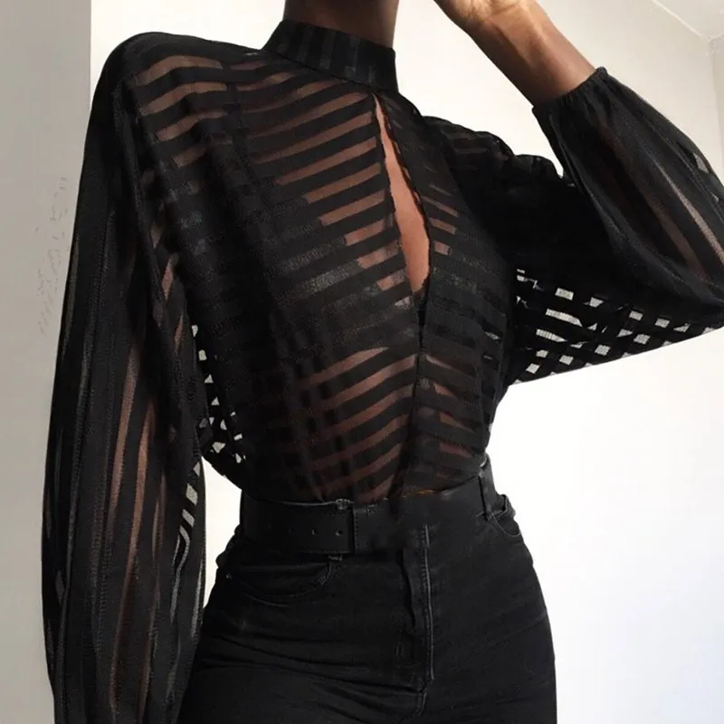 Полосатая сетчатая блузка для женщин прозрачные открытые женские топы офисные