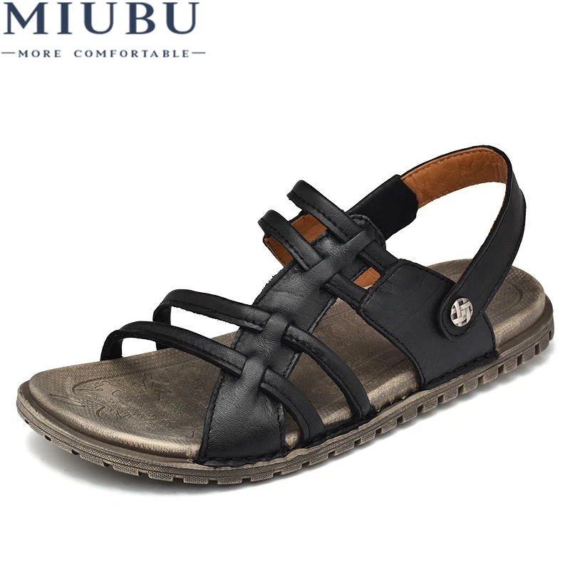 

MIUBU Designer Slippers Casual Flat Mens Sandals Summer Outdoor Black Beach Shoes Slides Toe Loop Men Soft Strap Leather Fashion