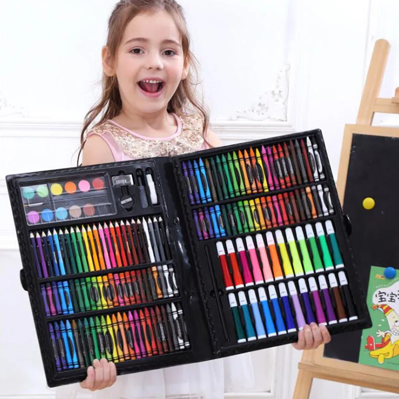 6-10 лет, детский художественный набор, канцелярская коробка для детской живописи, набор кистей для рисования, студенческий подарок, карандаш, акварельная ручка - Цвет: 168 pcs black
