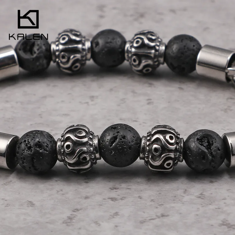 Мужские браслеты KALEN из нержавеющей стали с черными лавовыми бусинами|bracelets